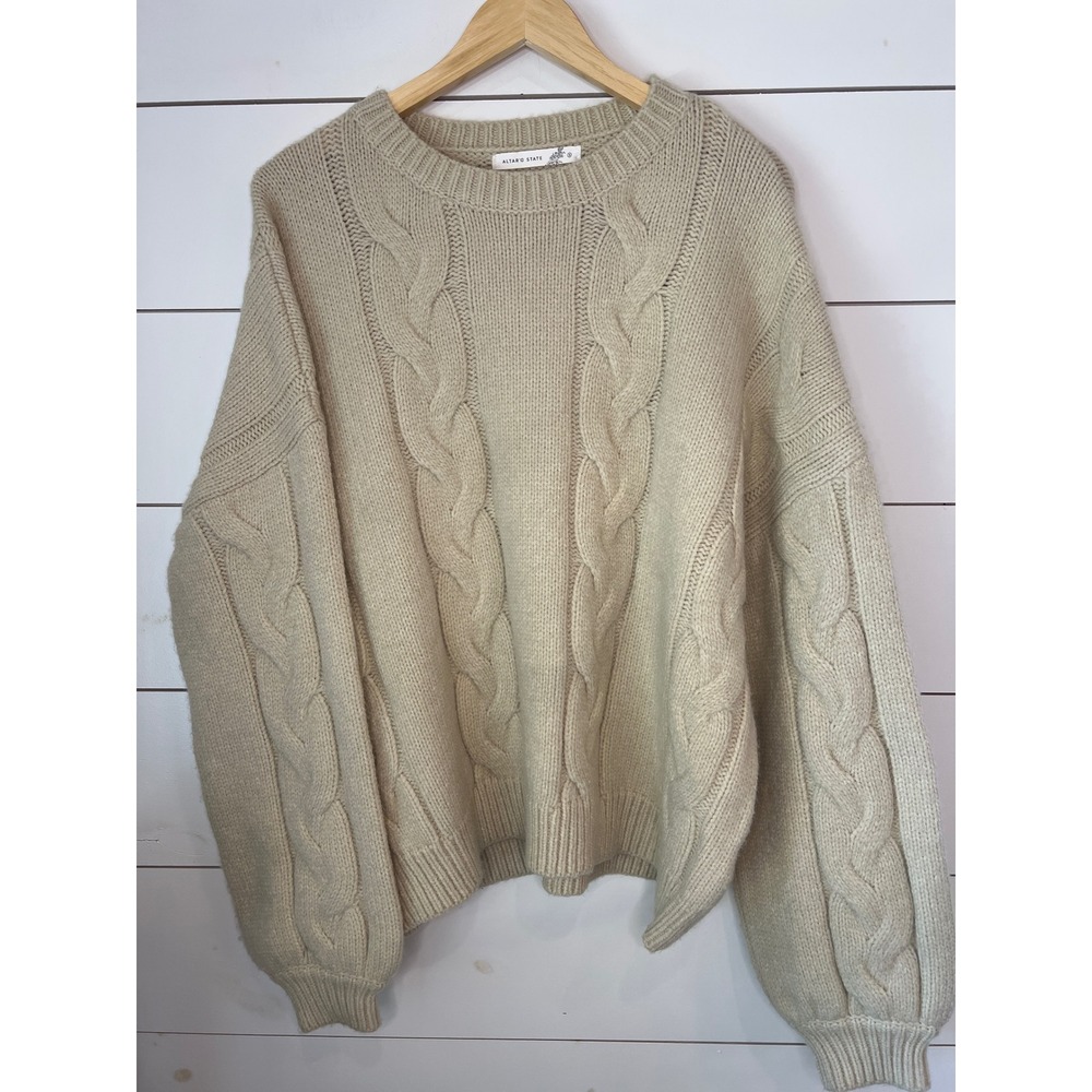Altar'd State Womens Cable Knit Sweater Oatmeal minimalist Oversized Cozy Small